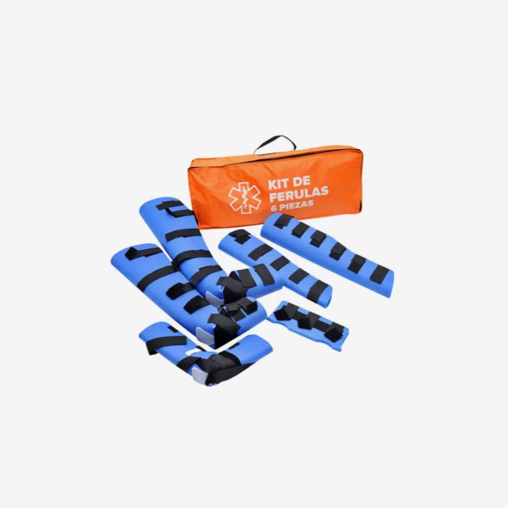 Kit de férulas azules con velcro negro, 6 piezas, en estuche naranja.