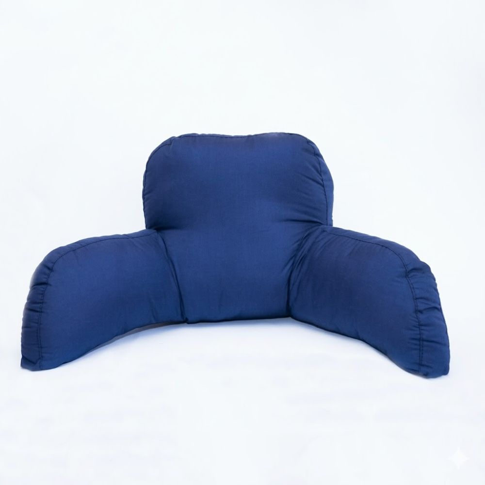 Cojín para silla azul en forma de respaldo con soporte central y laterales acolchados