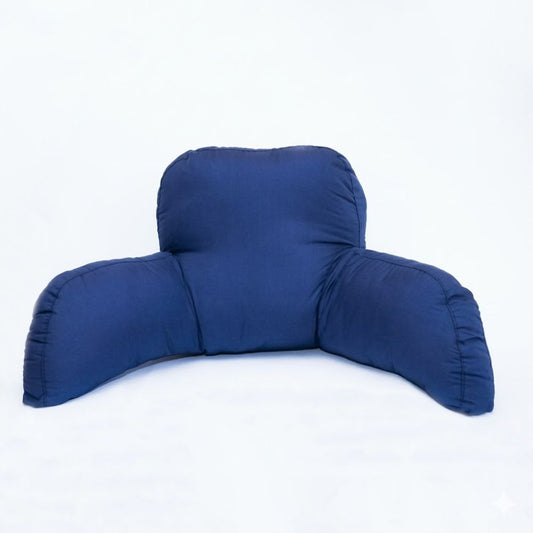 Cojín para silla azul en forma de respaldo con soporte central y laterales acolchados