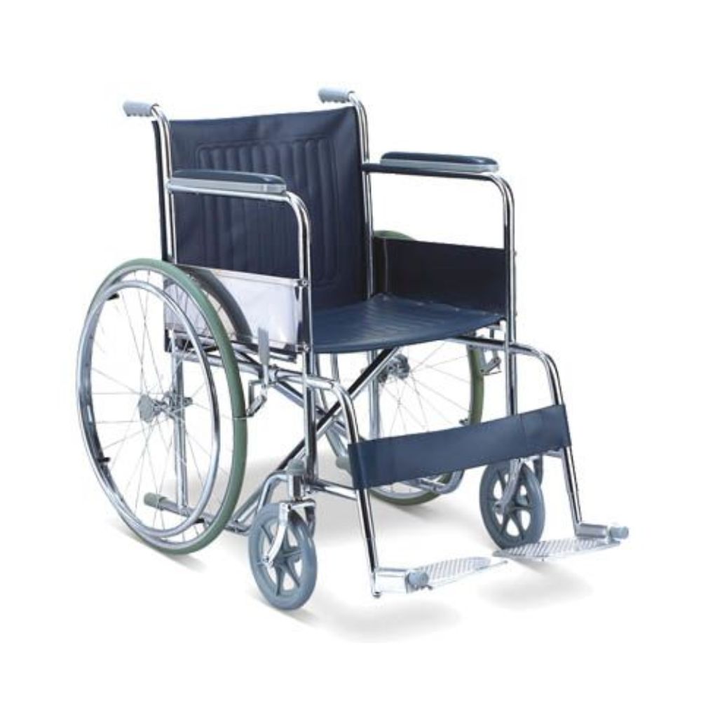 Silla de ruedas pediátrica de acero, asiento y respaldo azul marino con reposabrazos