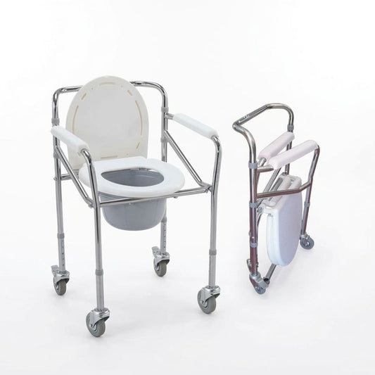 Silla de baño portátil con ruedas, respaldo y asiento con cubeta higiénica extraíble
