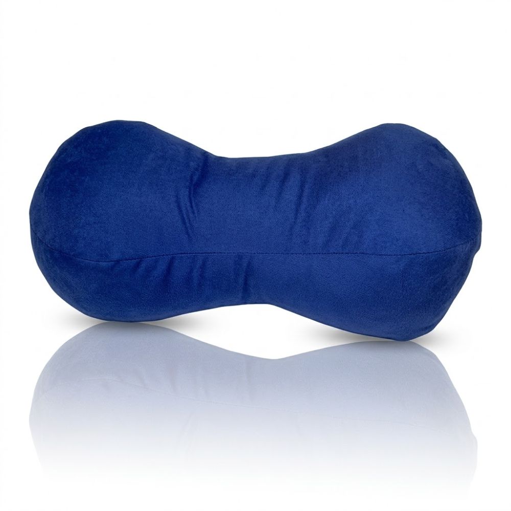 Cojín tipo huesito azul, forma de hueso con costuras visibles
