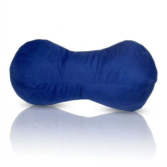 Cojín tipo huesito azul, forma de hueso con costuras visibles