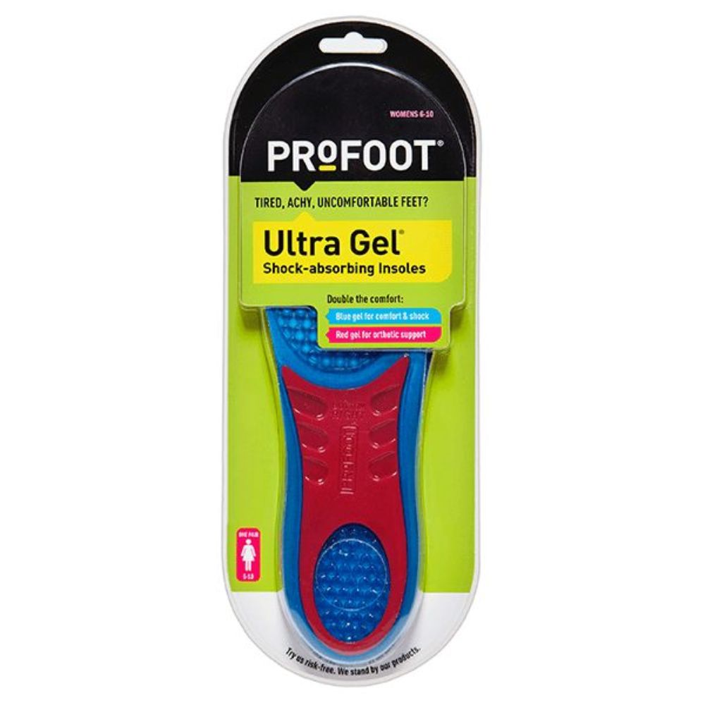 Plantilla Ultra Gel con inserto de gel azul y base roja, en empaque de mostrador