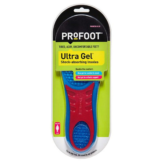 Plantilla Ultra Gel con inserto de gel azul y base roja, en empaque de mostrador