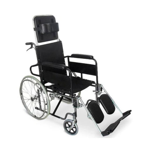 Silla de ruedas neurológica negra con reposacabezas y reposapiés abatibles