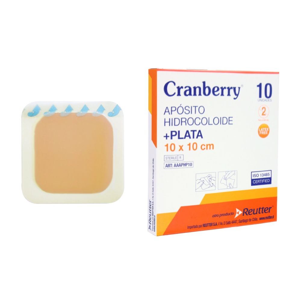 Aposito hidrocoloide con plata 10x10 cm, cuadrado estéril y caja Cranberry