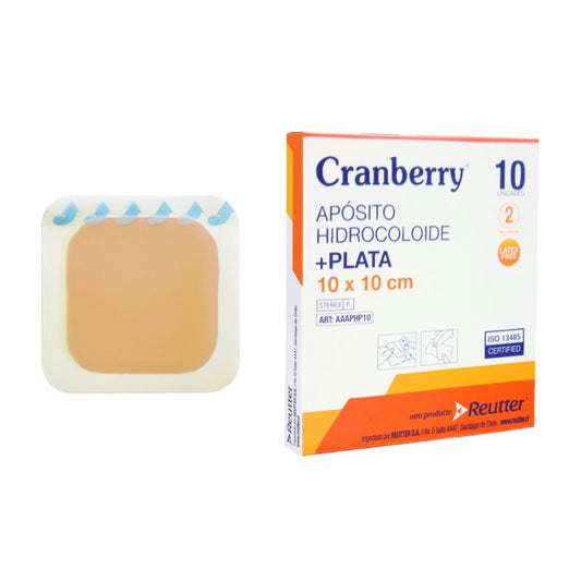 Aposito hidrocoloide con plata 10x10 cm, cuadrado estéril y caja Cranberry