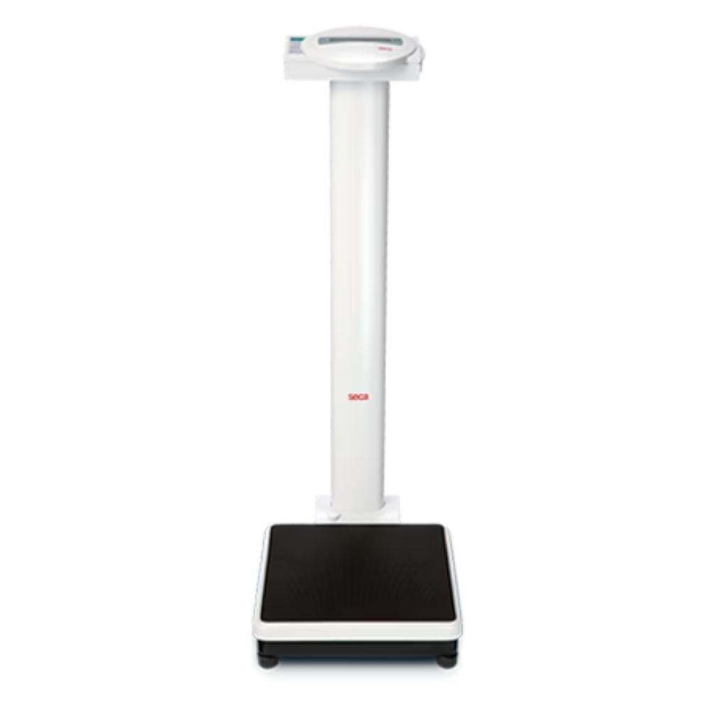 Balanza digital con tallímetro 200 kg MOD.769, columna blanca y base negra.