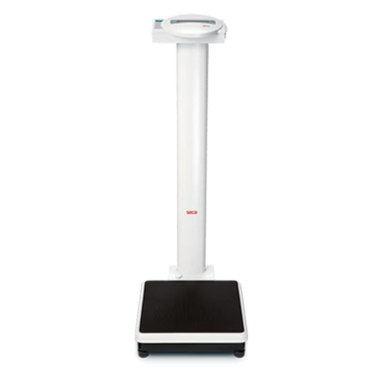 Balanza digital con tallímetro 200 kg MOD.769, columna blanca y base negra.
