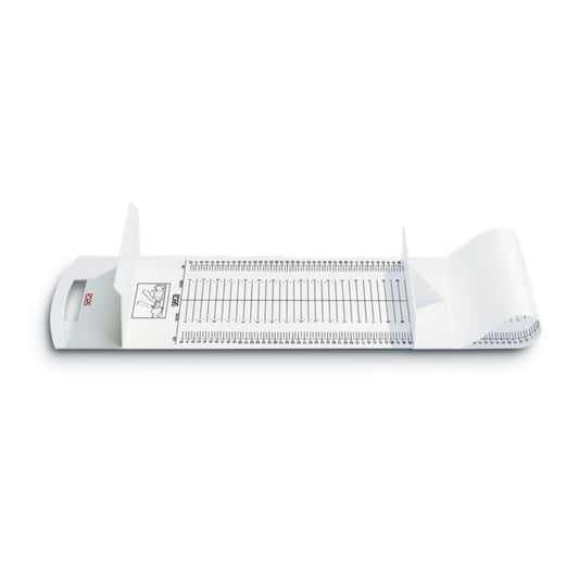 Tallímetro para bebé con escala de medición y base blanca