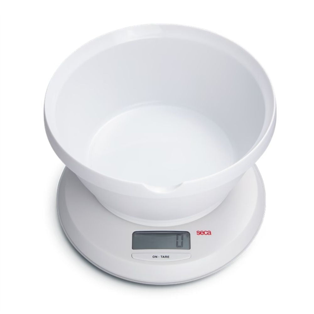 Balanza seca para cocina con tazón blanco y pantalla digital