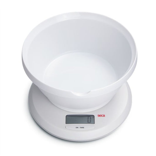 Balanza seca para cocina con tazón blanco y pantalla digital