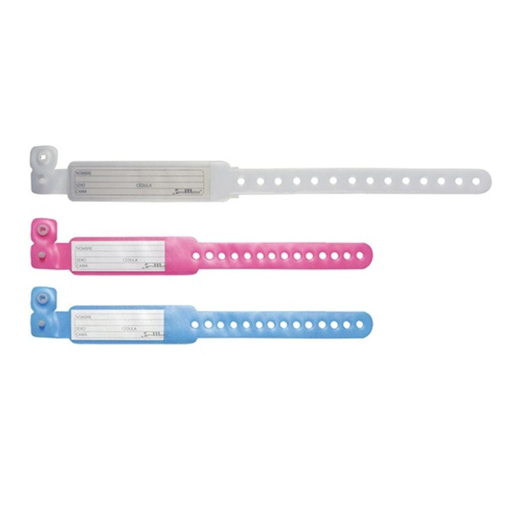 Brazalete de identificación adulto en blanco, rosado y celeste, con placa para datos