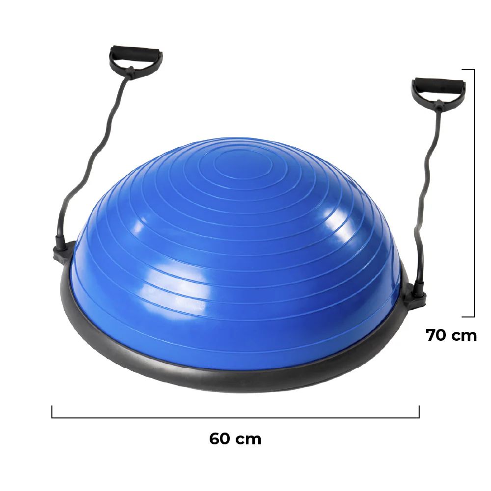 Balon Bosu biru dengan permukaan beralur dan tali pegangan hitam, ukuran 60 cm