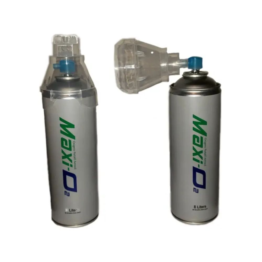 Botella de oxígeno 8 L con válvula y adaptador azul.