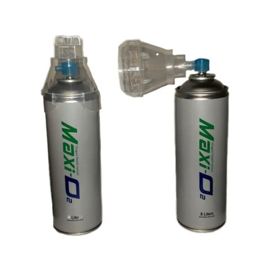 Botella de oxígeno 8 L con válvula y adaptador azul.