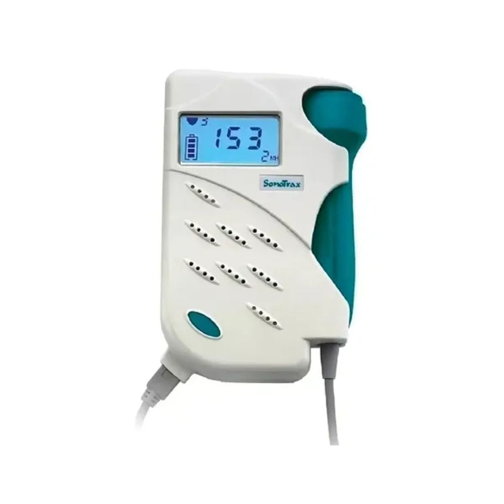 Detector fetal con pantalla LCD azul y sonda verde, cargador con cable