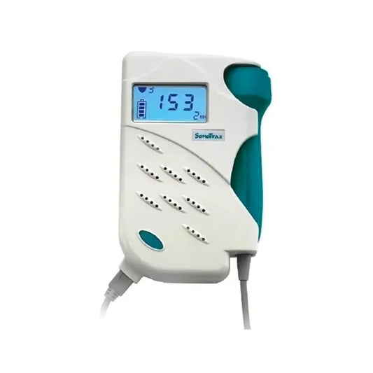 Detector fetal con pantalla LCD azul y sonda verde, cargador con cable