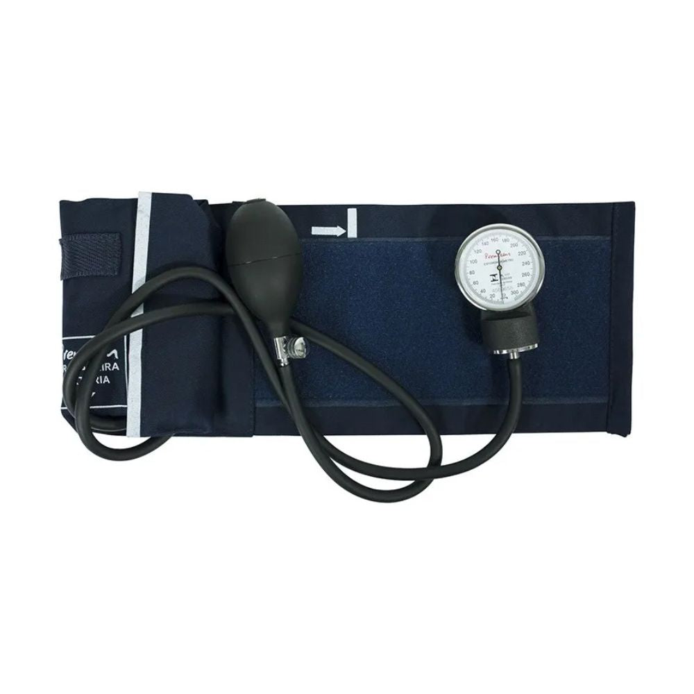Esfigmomanómetro tipo reloj TM776: brazalete azul y manómetro