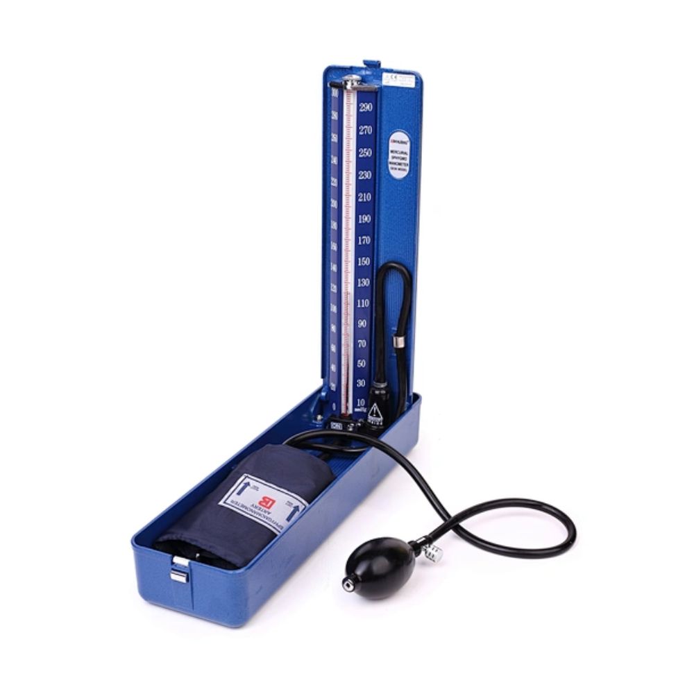 Esfigmomanómetro de mercurio BK 1001 con brazalete, tubo y pera en estuche azul