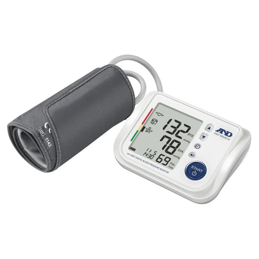 Esfigmomanómetro automático parlante con brazalete gris y pantalla digital