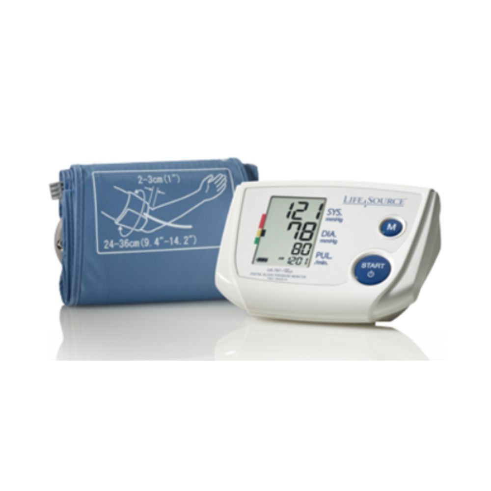 Esfigmomanómetro UA-767PVS con brazalete azul y pantalla digital de lectura.