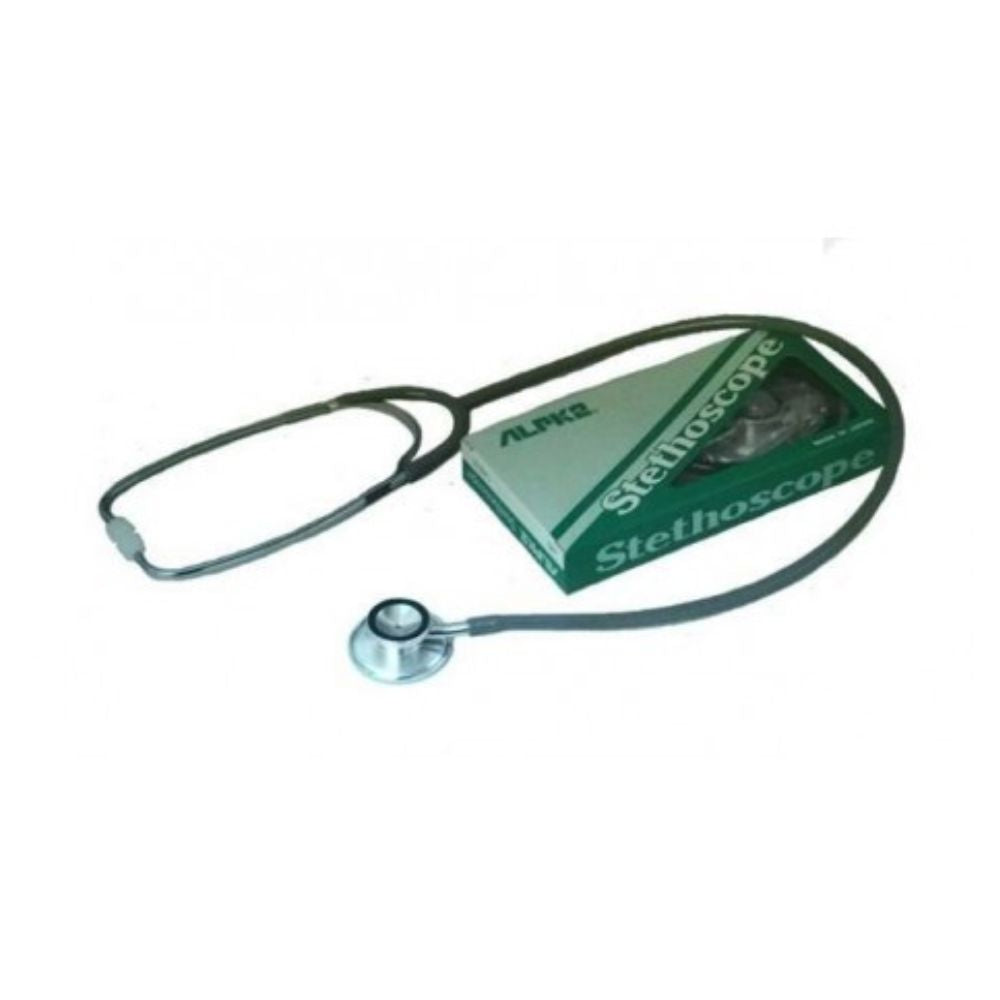 Fonendo Plano con caja verde y estetoscopio, diadema y copa cromada