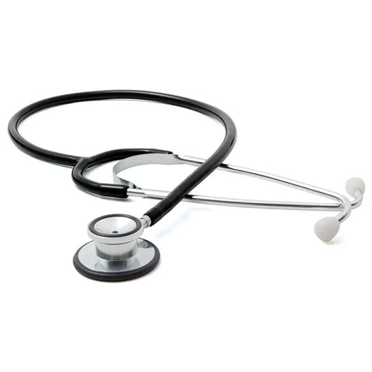 Fonendo doble ADC con tubo y carcasa negra, cabezal doble y auriculares blancos