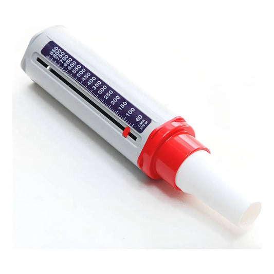 Flujómetro mini Wright con escala negra y perilla roja, tubo blanco