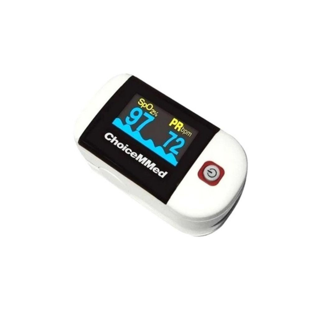 Oximetro de pulso digital adulto Choicemed, carcasa blanca y pantalla negra OLED.