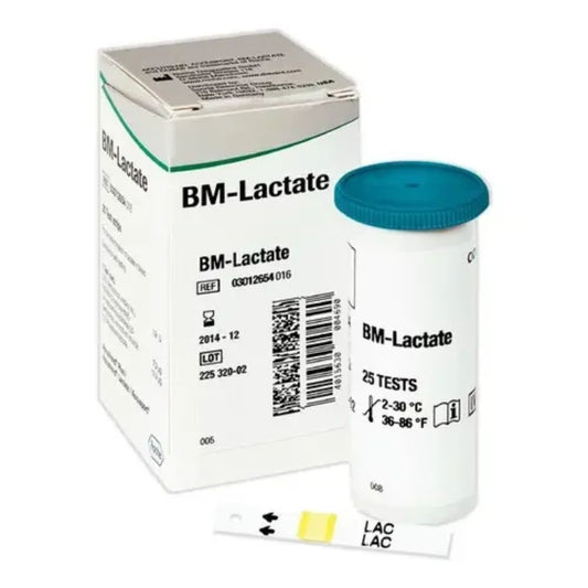 Tiras reactivas Accutrend Lactato: caja y frasco con tapa azul, 25 pruebas