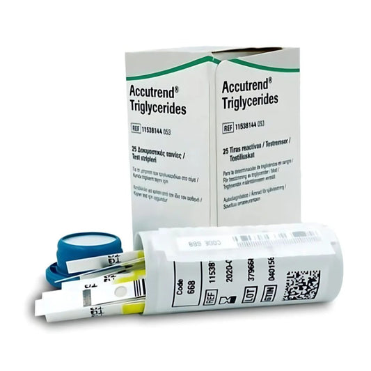 Tiras reactivas Accutrend Trigliceridos, caja y tiras en envase