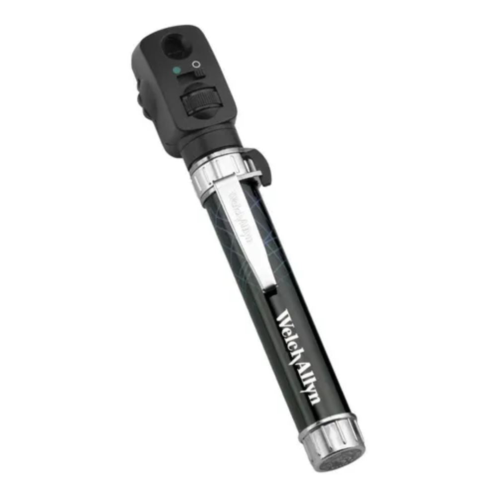 Oftalmoscopio de bolsillo compacto negro con rueda de enfoque y lente frontal