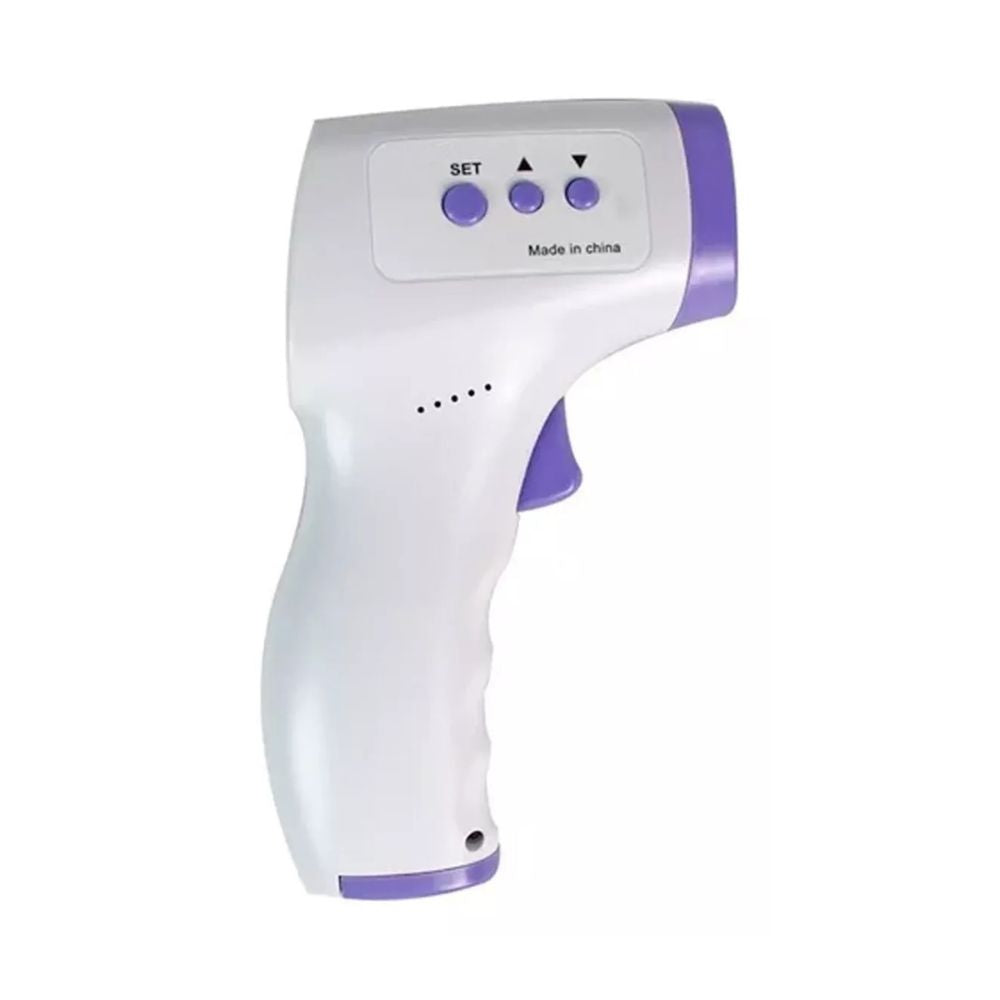 Termometro laser infrarosso a pistola bianco e viola, display con pulsanti SET