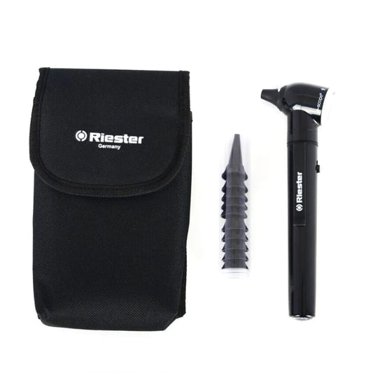 Otoscopio E-scope Riester con funda y conos de repuesto, estuche negro