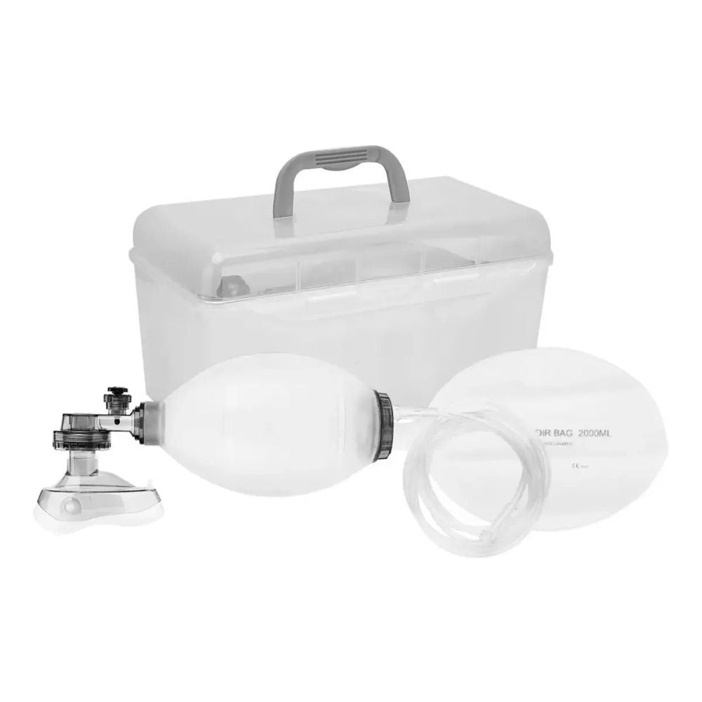 Resucitador manual con mascarillas y bolsa, incluye válvula y estuche