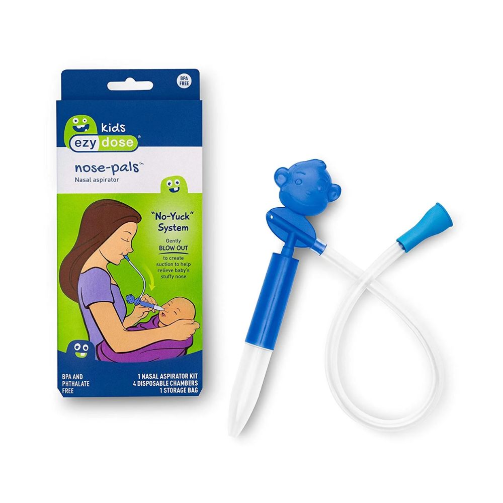 Aspirador nasal manual infantil com tubos e bocal descartável azul