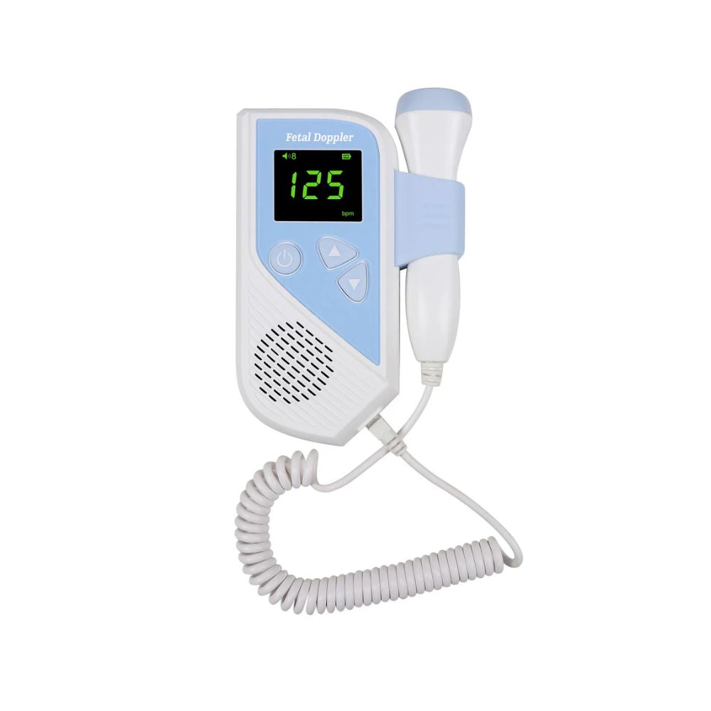 Detector de Latidos Cardiofetal con pantalla digital verde y sonda Doppler con cable blanco y azul