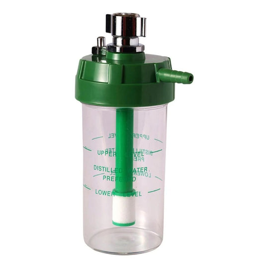 Vaso humidificador esterilizable verde y transparente con tapa metálica y salida lateral