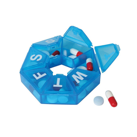 Pildorero hexagonal de 7 días en estuche azul, con compartimentos y 2 cápsulas