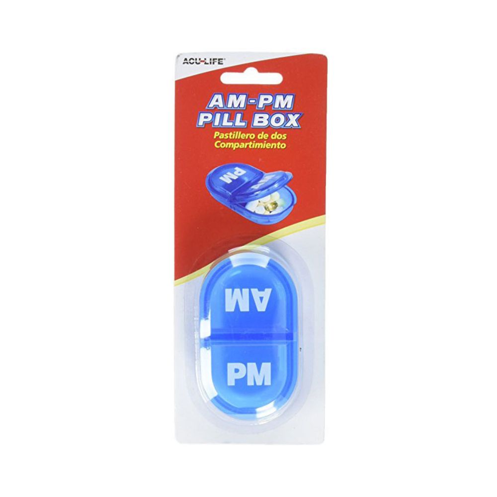 Pildorero AM-PM con 2 compartimentos, pastillero azul y blanco