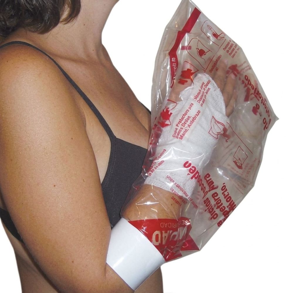 Bolsa protectora para baño: funda blanca en envoltorio transparente con gráficos rojos
