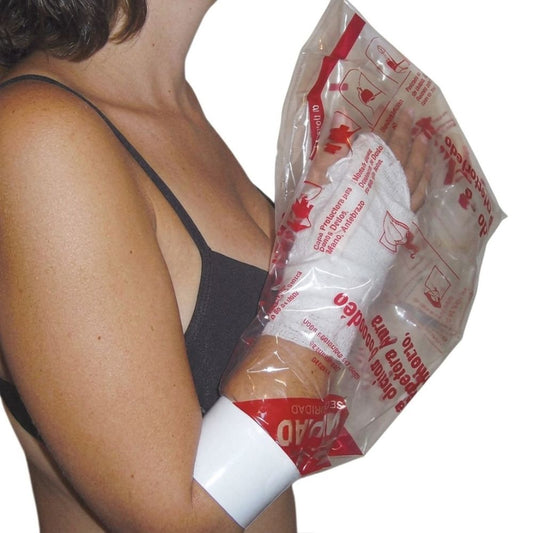 Bolsa protectora para baño: funda blanca en envoltorio transparente con gráficos rojos