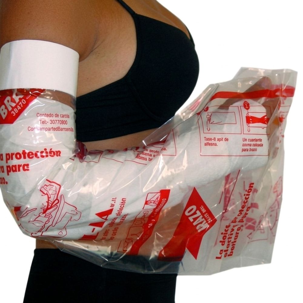 Bolsa protectora para baño para brazo, funda blanca con instrucciones impresas rojas