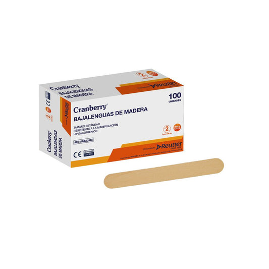 Bajalengua desechable de madera Cranberry; unidad beige sobre la caja de 100