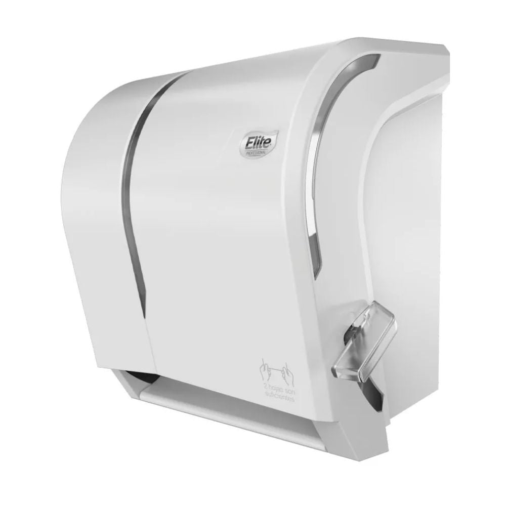 Dispensador para toalla jumbo Elite, color blanco/gris, con ranura frontal y palanca