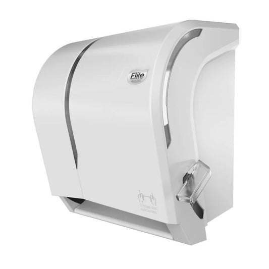 Dispensador para toalla jumbo Elite, color blanco/gris, con ranura frontal y palanca