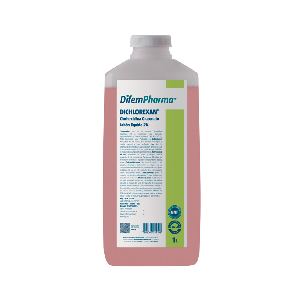 Jabón clorhexidina gluconato 2% en botella 1 L, etiqueta frontal