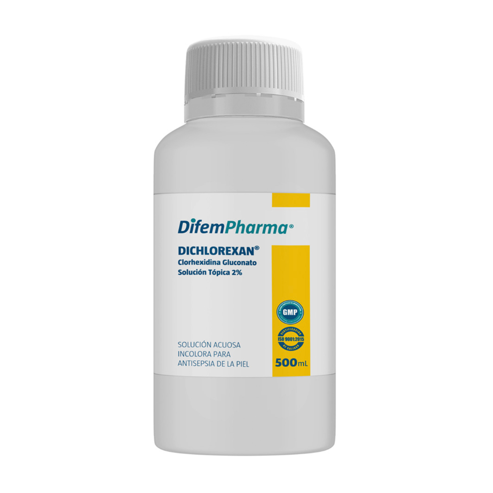 Clorhexidina tópica 2% DifemPharma, frasco 500 ml, tapón estriado y etiqueta amarilla